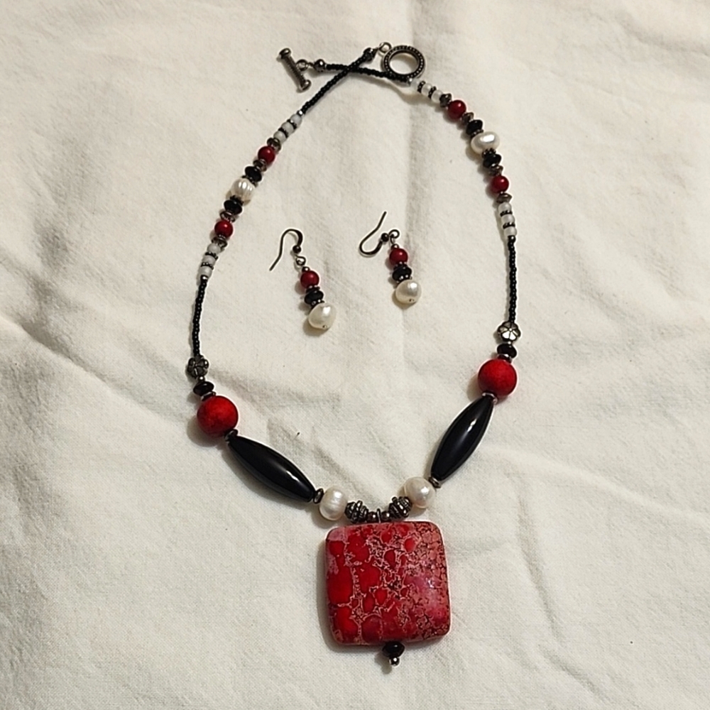 Handmade red turquoise pendant necklace and earring set